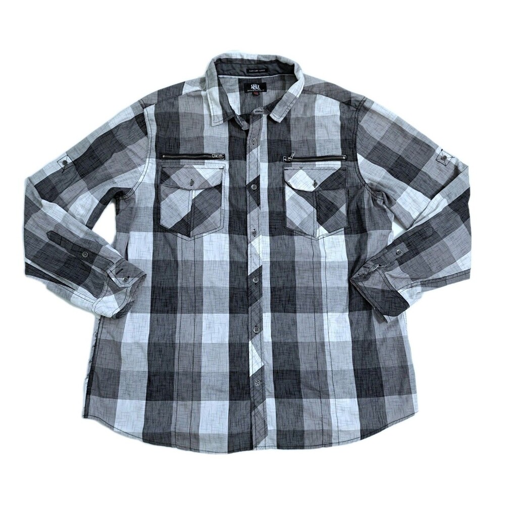 Rock Republic Button Up Shirt Mens 2XL Gray Black White Roll Tab Long Sleeve